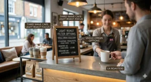 An independent British coffee shop interior featuring a chalkboard menu that highlights single-origin light roast filter coffee options for UK customers.