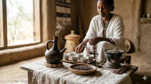 A photorealistic depiction of a traditional Ethiopian coffee ceremony featuring a clay Jebena pot, hand-painted ceramic cups, and roasted heirloom beans.