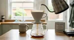 A V60 filter coffee being brewed with single origin beans, showing the coffee dripping into a glass carafe in a bright, natural kitchen setting.