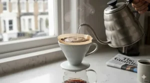 A photorealistic illustration of the bloom stage of brewing filter ground coffee in a ceramic V60 dripper with a paper filter.