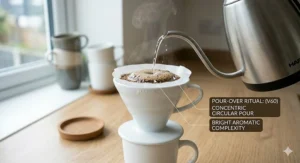 A white ceramic V60 dripper with hot water being poured from a gooseneck kettle to extract the delicate acidity and aromatic complexity of a light roast.