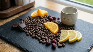 An artistic arrangement of whole bean coffee surrounded by dark chocolate squares and citrus slices, illustrating different flavour notes.