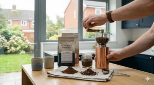 An infographic showing coffee beans ground to a medium-fine consistency, resembling kitchen table salt, perfect for an AeroPress filter.