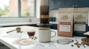 An illustration highlighting how oils from ground coffee beans pass through a metal mesh filter versus a standard paper disc filter.