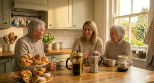 A warm kitchen scene showing a family socialising over afternoon coffee, with a full cafetiere, a stovetop espresso maker, and plates of biscuits and pastries on the oak worktop.