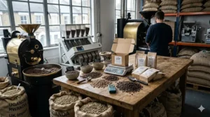 An artisan British roastery showing sacks of beans and the Albion Blend being prepared for packaging.