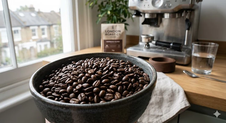 A close-up shot of glossy, dark-roasted espresso blend beans in a ceramic bowl, perfect for a rich British morning coffee. espresso blend beans