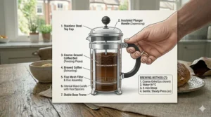 An instructional diagram showing the components of a cafetiere and the steps for brewing breakfast blend coffee.