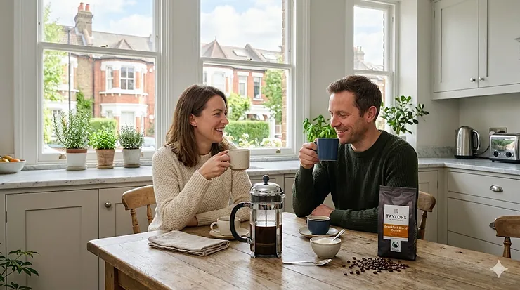 A man and woman enjoying a morning coffee in a bright, modern British kitchen with a bag of breakfast blend beans and a cafetiere on a wooden table. breakfast blend coffee beans