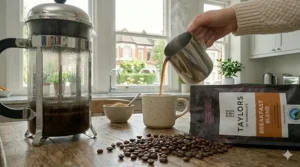 A steaming mug of coffee being filled next to a pack of breakfast blend beans and a bowl of brown sugar.