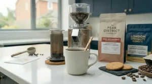 A freshly brewed mug of black coffee made with high-quality coffee beans using an AeroPress, sitting next to a traditional British biscuit.