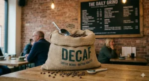 Freshly ground decaf coffee beans brewing inside a glass cafetiere on a rustic kitchen table.