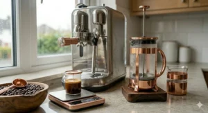 Pouring hot water into a traditional stovetop moka pot filled with finely ground decaf espresso beans.