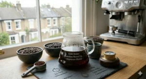 Illustration of various ways to brew espresso blends, including a moka pot and a traditional cafetière.
