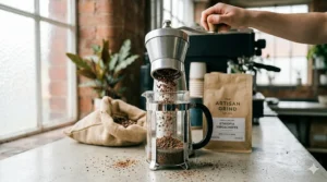 Coarsely ground specialty coffee beans being brewed in a classic glass cafetière.