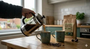 A cosy UK kitchen setting where fresh, hot coffee is being poured from a glass cafetière into a ceramic mug, showcasing the reward of choosing sustainable coffee beans.