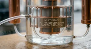 A side by side comparison table showing the health benefits of chemical free Swiss water decaf coffee versus traditional solvent based decaffeination methods.
