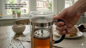 A close-up view of a cafetiere filter mesh being inspected to ensure all coffee bean particles are removed after use.