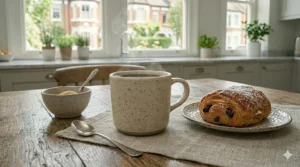 A steaming mug of black breakfast blend coffee served with a flaky pain au chocolat on a rustic wooden table.