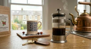 A kitchen counter setup showing a cafetiere of brewing coffee beside a compact digital scale displaying a weight in grams, a brass measuring scoop, and a bag of low acid coffee beans.