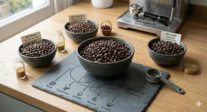 A diagram explaining the drum-roasting process for espresso blend beans at a UK roastery.