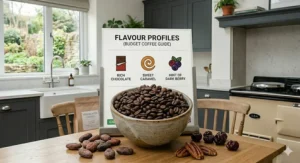 A visual guide comparing dark and light roast coffee beans available at UK supermarkets and roasters.