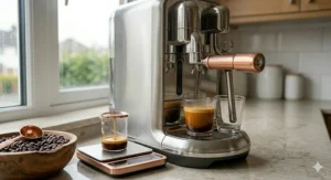 A smooth decaf flat white coffee featuring leaf latte art, served in a classic grey ceramic cup at a British cafΓ©.