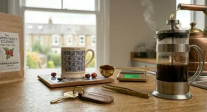A photorealistic illustration of a delicate glass lab-style drip apparatus extracting coffee alongside a traditional cafetiere, highlighting scientific precision in reducing coffee acidity levels.
