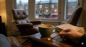 A person enjoying a comforting mug of Swiss water decaf coffee in the evening while relaxing on a sofa, highlighting its caffeine free benefits for sleep.