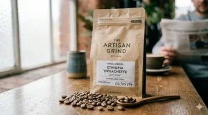 A bag of specialty coffee beans with a label showing the roast date and harvest altitude.