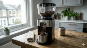 An electric burr grinder processing whole beans for The Albion Blend into a stainless steel cup.