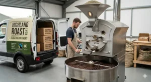 An electric-powered Highland Roast delivery van is seen leaving a UK roastery facility, highlighting the carbon-neutral transport used for distributing sustainable coffee beans locally.