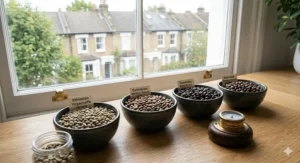 Illustration showing the global origins of Arabica and Robusta beans used in a signature espresso blend.