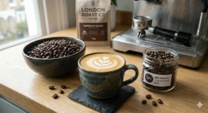 A visual showing how the strength of espresso blend beans cuts through milk for a perfect flat white or latte.