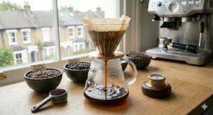 A guide showing the fine "table salt" consistency required when grinding espresso blend beans for a home machine.