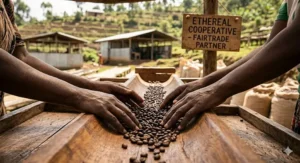 An illustration of weathered hands sorting roasted sustainable coffee beans, demonstrating the transparent ethical labour practices and smallholder cooperative sourcing behind the product.