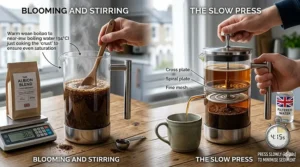 An instructional guide for brewing a coffee blend using a glass cafetière, highlighting the blooming and pressing stages.