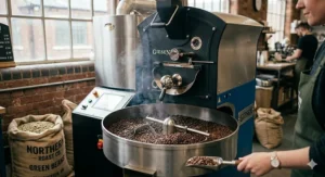 Alt text for image 2: Close-up of glossy dark-roast coffee beans cooling in a roasting machine, highlighting the freshness of value coffee beans.