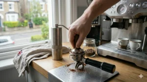 A hand turns the crank of a manual stainless steel coffee grinder on an oak worktop, with fresh coffee grounds accumulating underneath next to scattered whole beans.