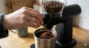 An illustration of a hand operating a quality coffee grinder filled with dark roasted sustainable coffee beans, focusing on the careful preparation ritual required for a perfect brew.
