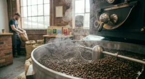Alt text for image 8: Electric burr grinder processing whole value coffee beans into a medium grind for a cafetière or French press.