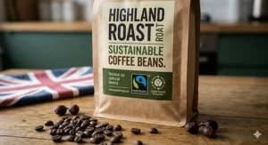 A close-up view of the Highland Roast sustainable coffee bean bag, highlighting the clear Fairtrade logo and the textured, eco-friendly brown paper packaging.