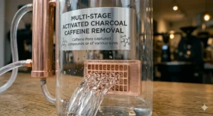 Plunging a glass cafetiere filled with freshly brewed Swiss water decaf ground coffee, showcasing a rich crema on top.