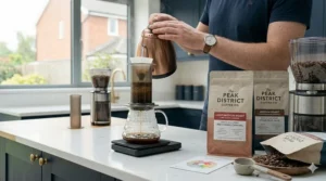 A step-by-step vector illustration showing the inverted AeroPress brewing method with ground coffee beans and hot water steeping.