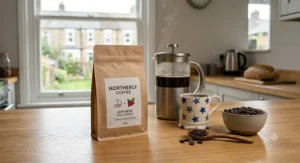 A close-up shot of whole coffee beans cradled in a wooden spoon on a kitchen counter, positioned next to a patterned ceramic mug and a classic leather house keyring stamped with 'Yorkshire' branding.