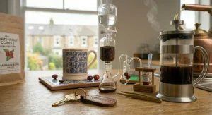 A detailed glass and brass apparatus illustrating a Swiss Water decaffeinator and process chamber filled with low acid coffee beans, arranged on a naturally lit kitchen counter next to a steaming cafetiere.