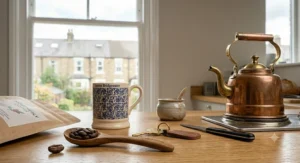 A detailed macro view of a wooden spoon holding rich coffee beans and a single ripe red coffee cherry on an oak worktop, with a traditional British mug and a window softly blurred in the background.