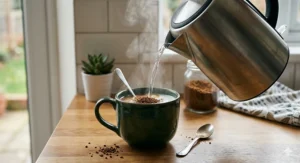 Close-up of hot water being poured from an electric kettle into a ceramic mug to make the best instant coffee.