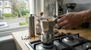 A hand rests on the plunger of a classic glass and chrome cafetiere filled with rich, dark brewed coffee, positioned next to an artisan bag of coffee beans.