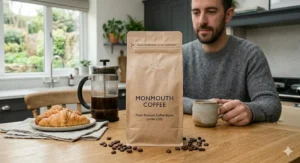 A steaming mug of coffee in a bright British kitchen, brewed using beans costing less than £20.
